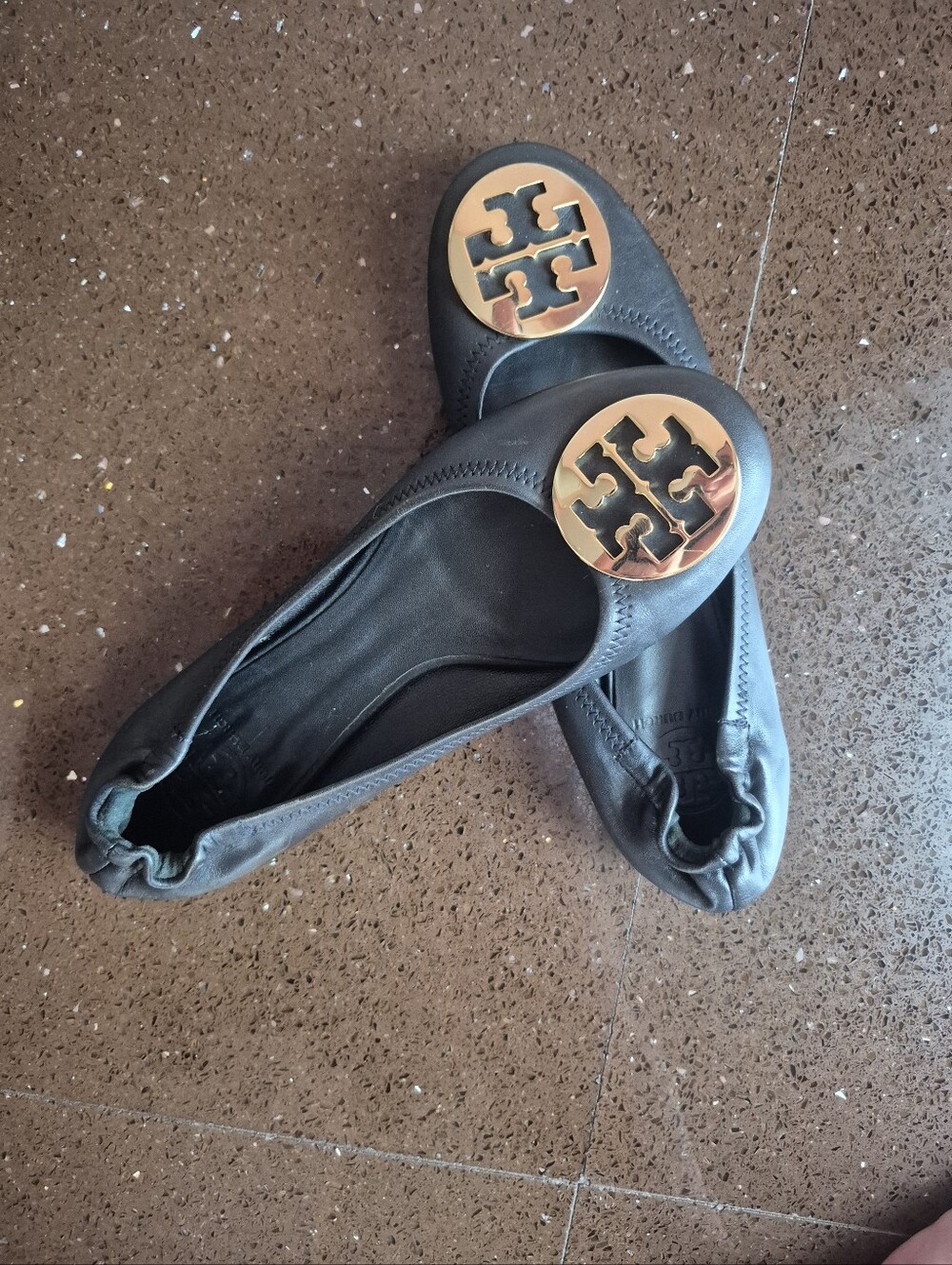 Tory Burch Black Leather Ballet Flats with Gold Logo Medallion